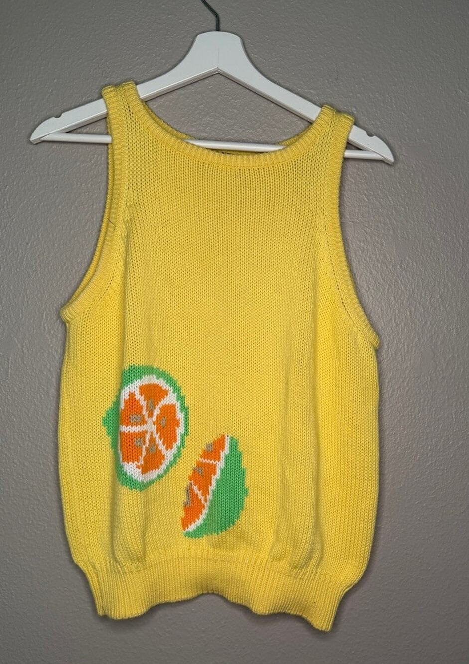 Vintage Liz sport Claiborne Sweater Tank Women L Yellow Lime Lemon Citrus knit